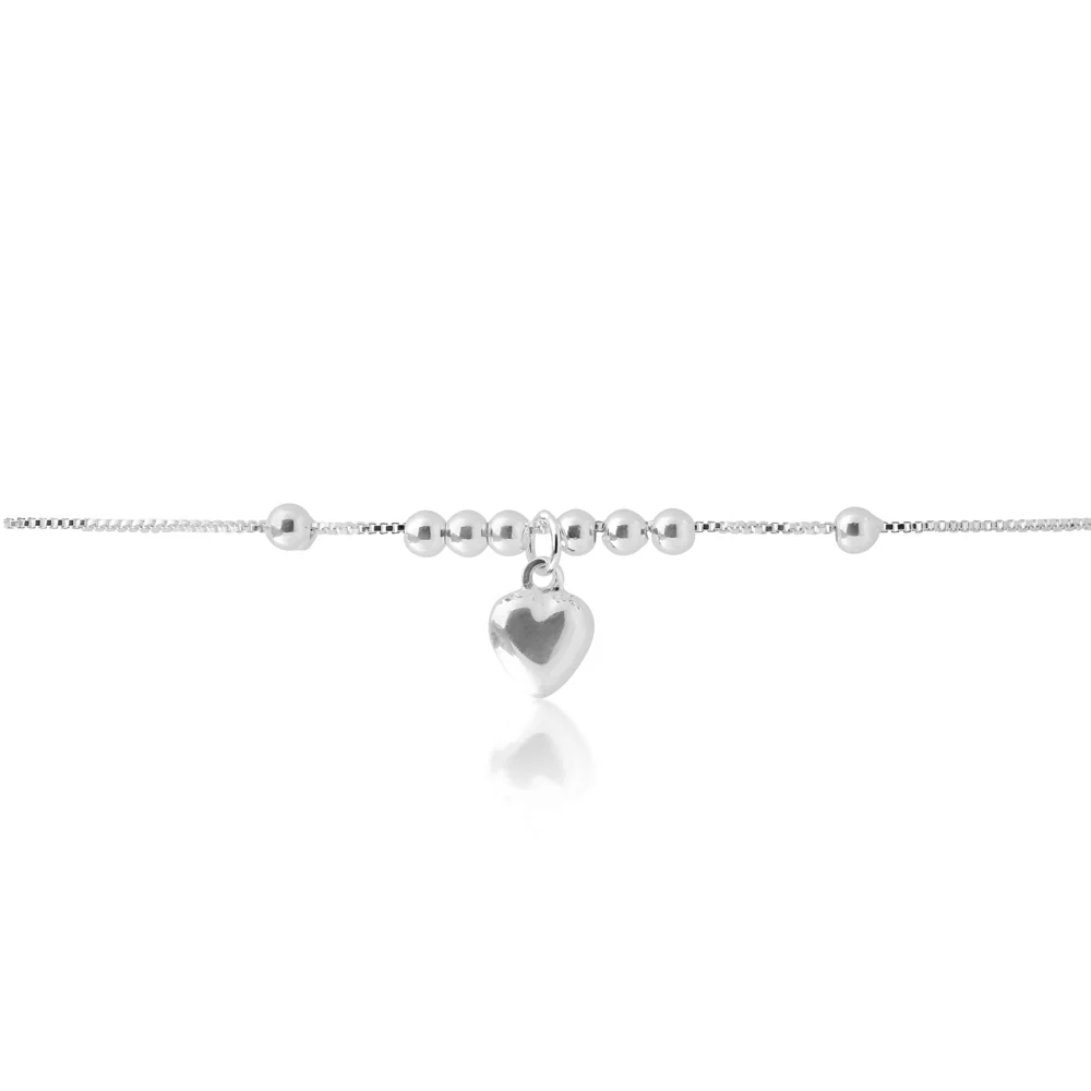 Sterling Silver Beads with Heart Drop Anklet - Image 2