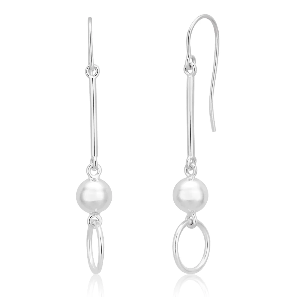 Sterling Silver Circle with Ball and Bar Hook Drop Earrings