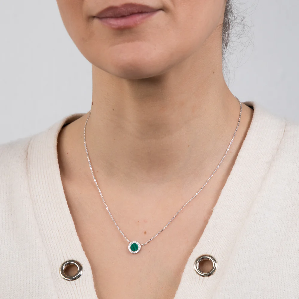 Sterling Silver Cubic Zirconia Created Malachite Round Pendant On 45cm Chain - Image 3