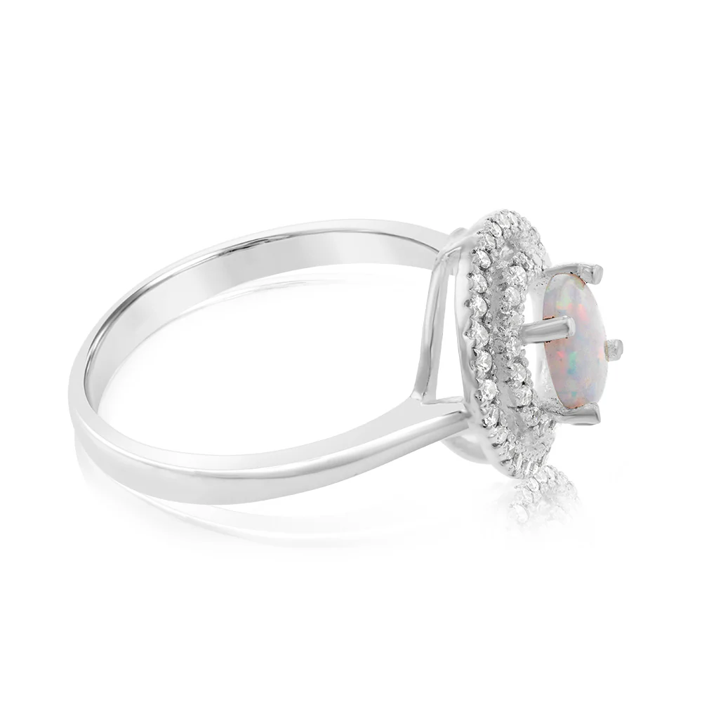 Sterling Silver Cubic Zirconia Created Opal Round Ring - Image 2