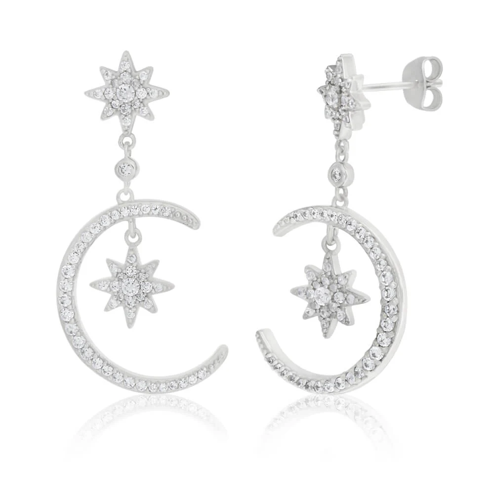 Sterling Silver Cubic Zirconia Moon & Star Drop Earrings - Image 4