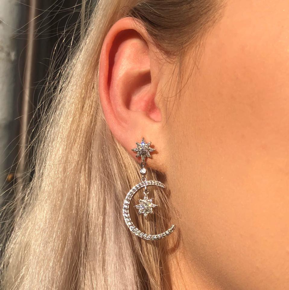 Sterling Silver Cubic Zirconia Moon & Star Drop Earrings - Image 5