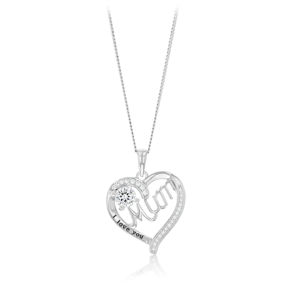 Sterling Silver CZ 'Mum' Heart Pendant