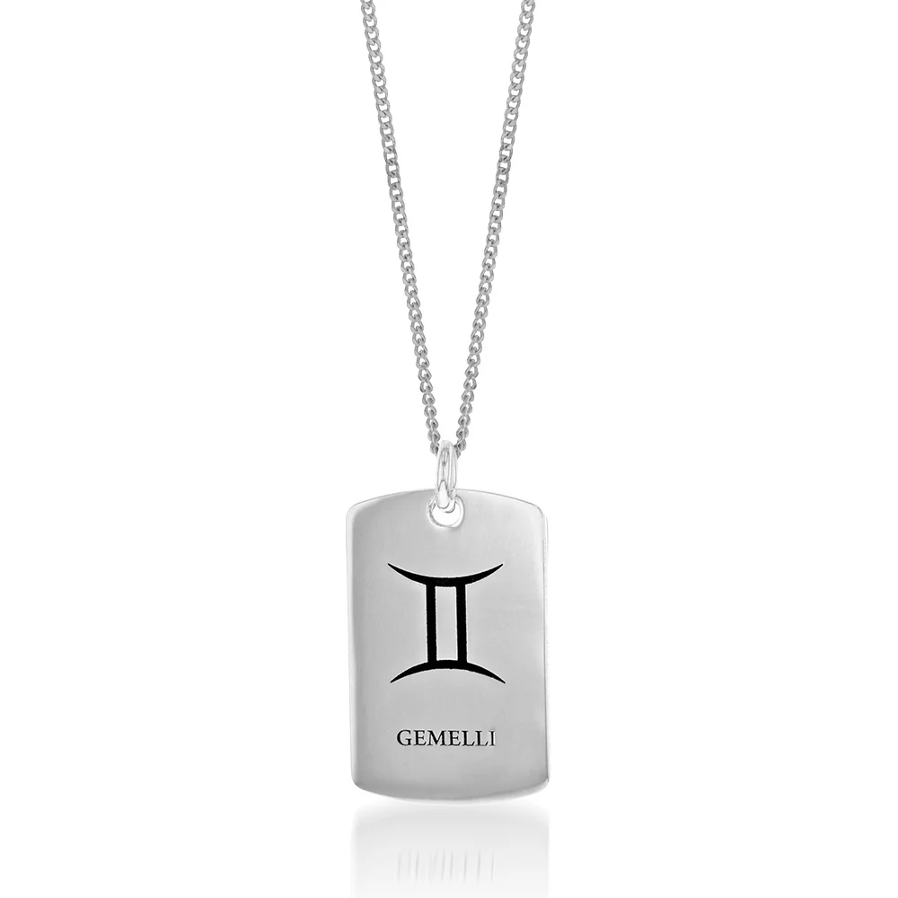 Sterling Silver Dog Tag With Gemini Zodiac/Star Sign Pendant