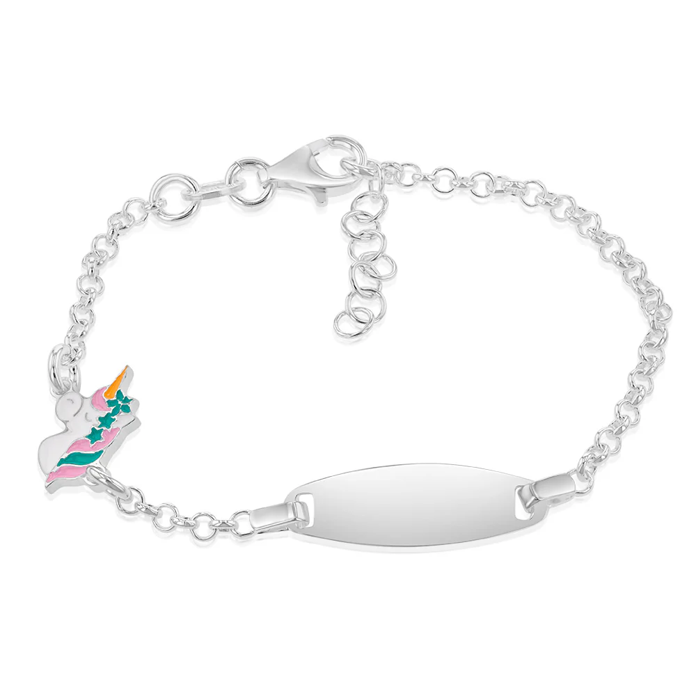 Sterling Silver Enamel Unicorn ID 14+2cm Kids Bracelet