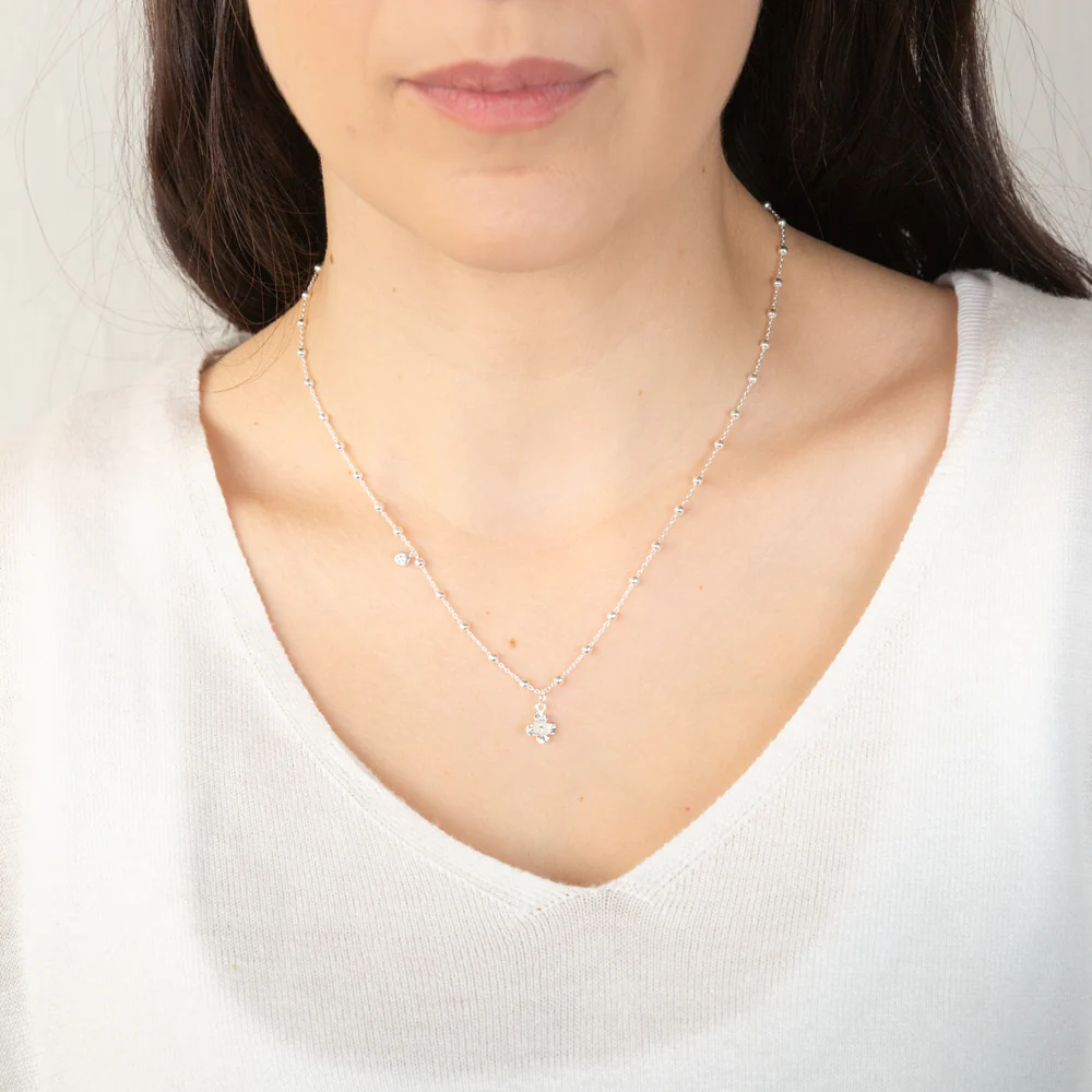 Sterling Silver Flower And Cubic Zirconia Charms On 45cm Balls Chain - Image 4