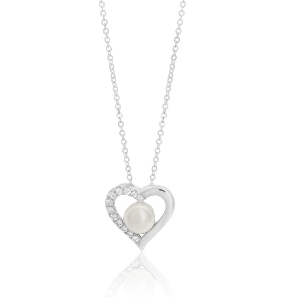 Sterling Silver Freshwater Pearl and Cubic Zirconia Heart Pendant