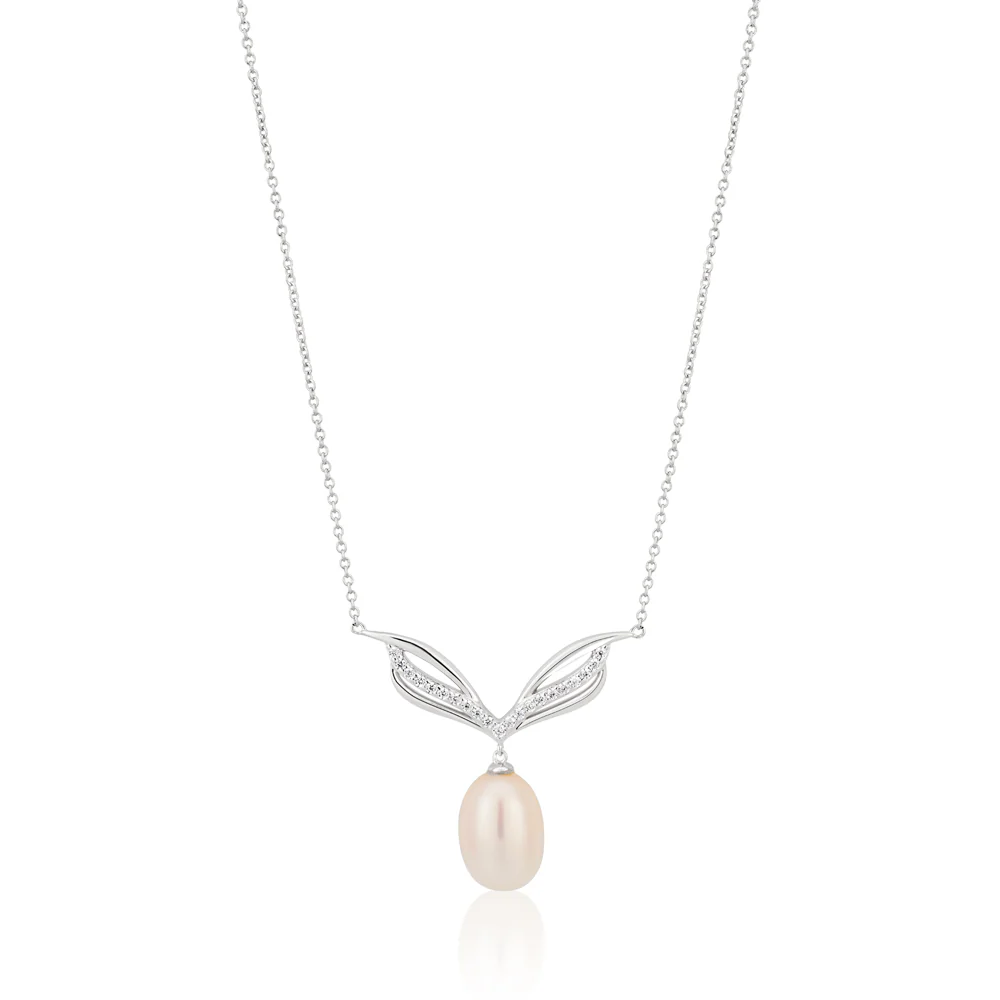 Sterling Silver Freshwater Pearl and Zirconia Necklet 42+3cm