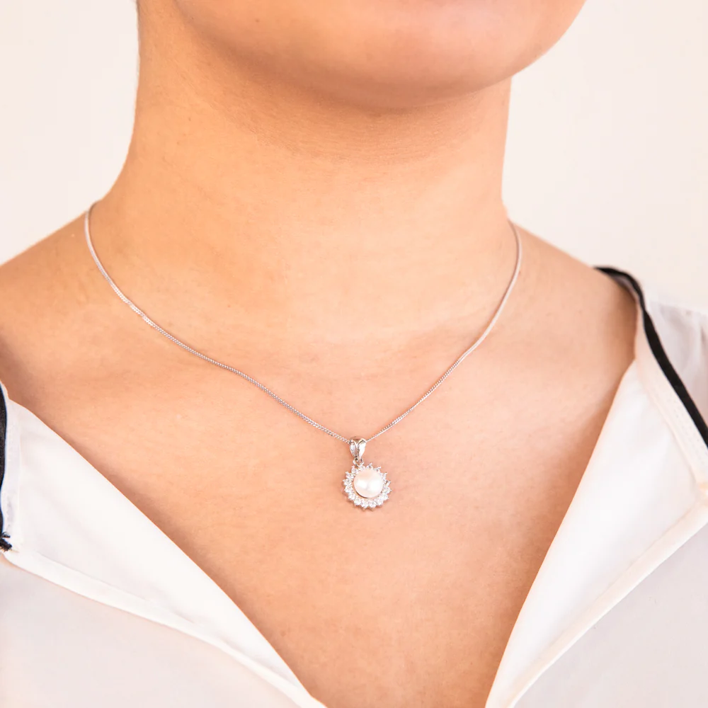 Sterling Silver Freshwater Pearl & Zirconia Pendant & Earring Set With 45cm Chain - Image 2