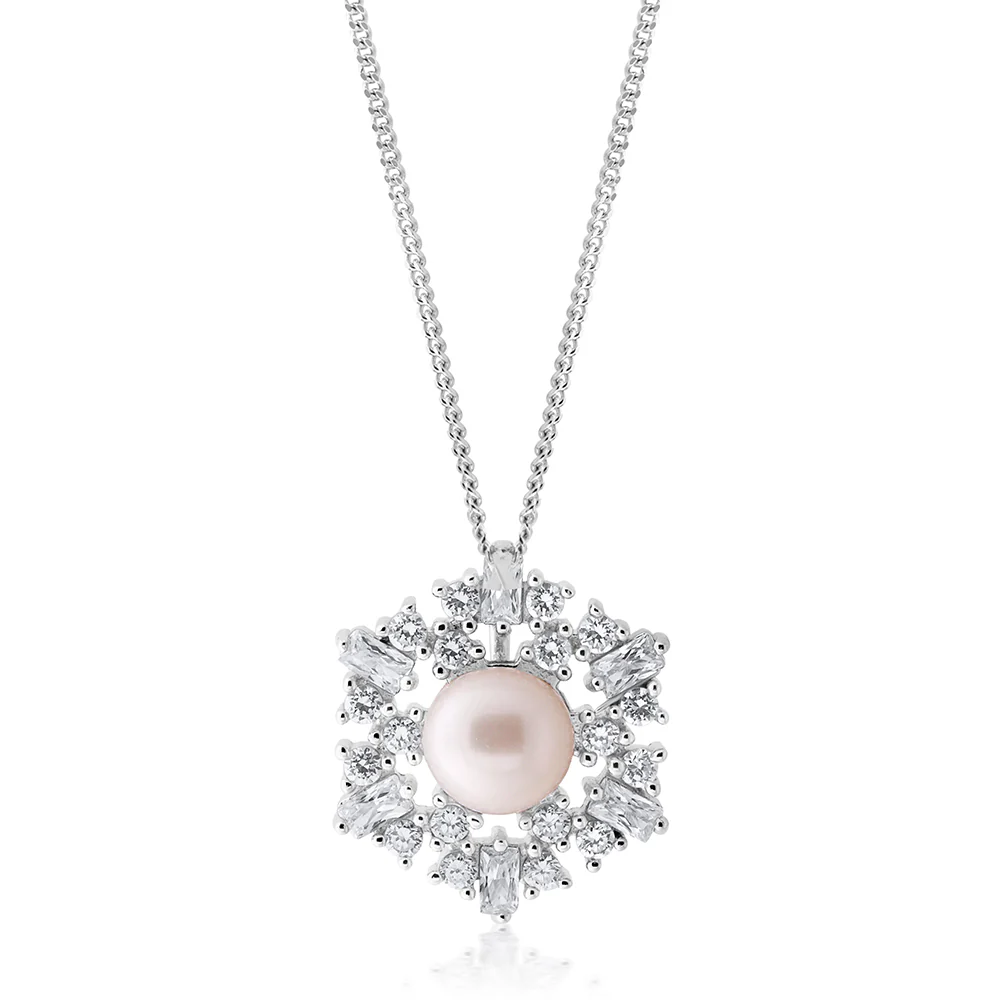 Sterling Silver Freshwater Pearl & Zirconia Pendant with 45cm Chain