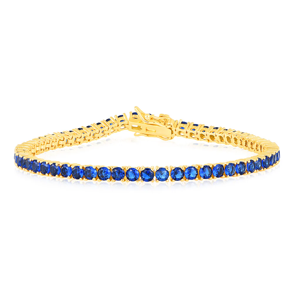 Sterling Silver Gold Plated 3mm Sapphire Blue Cubic Zirconia 19cm Bracelet