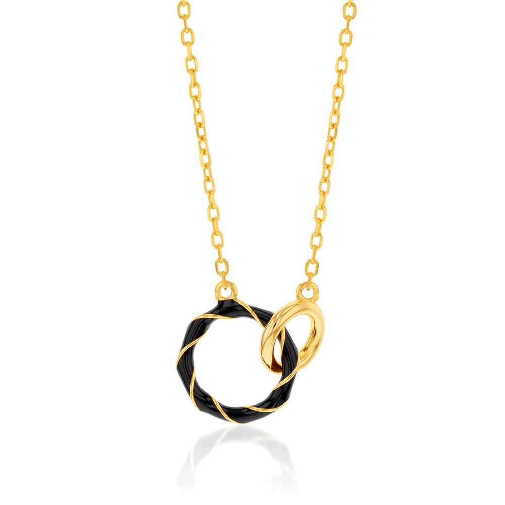 Sterling Silver Gold Plated Black Enamel 2 Ring Pendant On 45.5cm Chain - Image 2