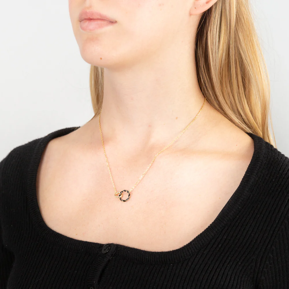 Sterling Silver Gold Plated Black Enamel 2 Ring Pendant On 45.5cm Chain - Image 4