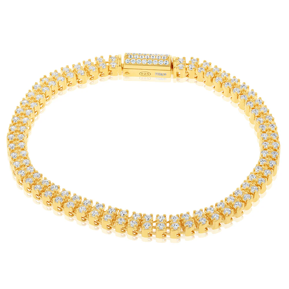 Sterling Silver Gold Plated Double Row Cubic Zirconia Tennis 19cm Bracelet