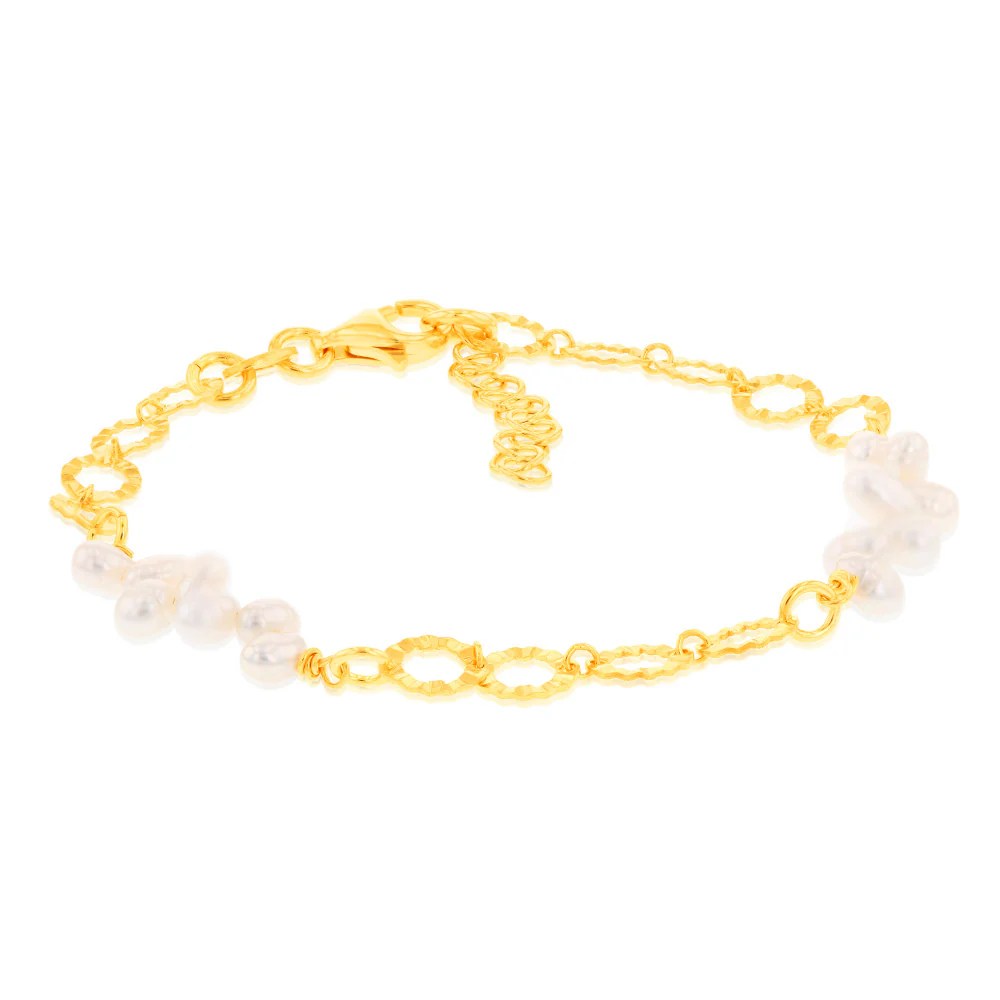 Sterling Silver Gold Plated Fresh Water Pearls And Fancy Links 16+3cm Bracelet - Image 2