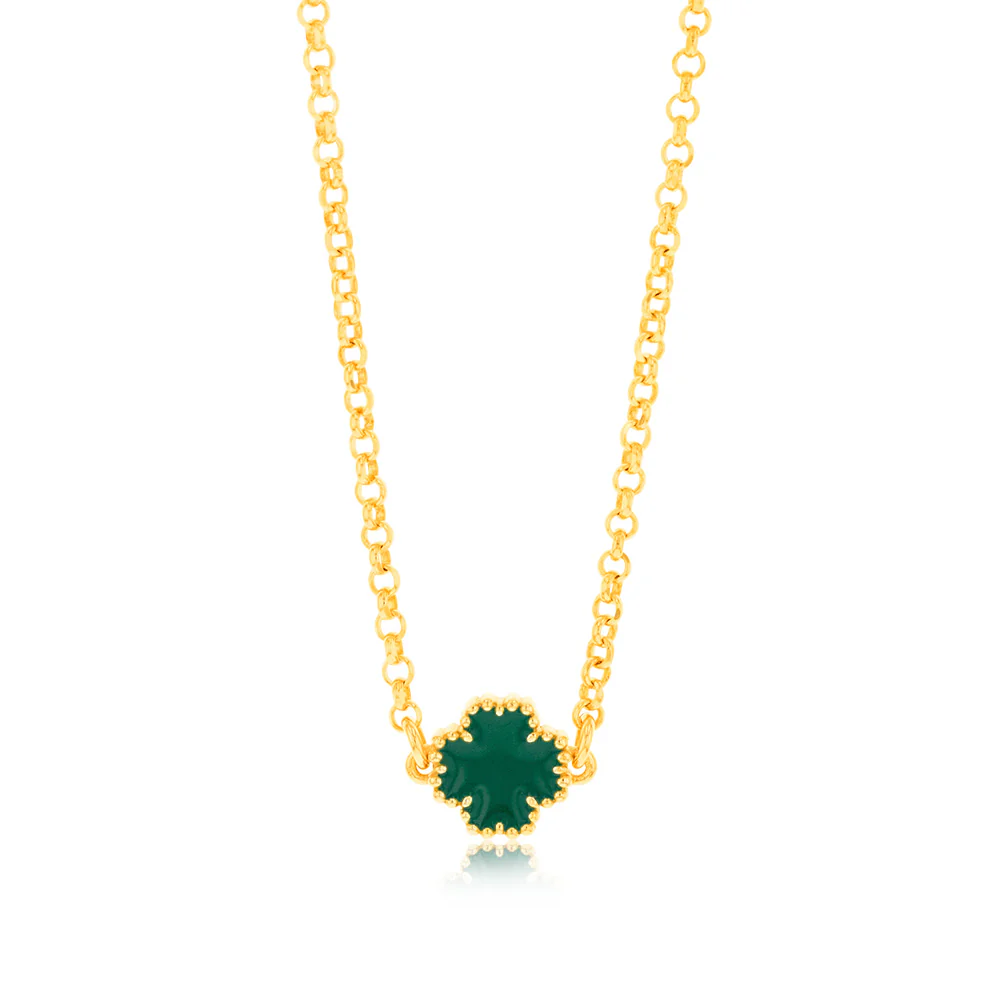 Sterling Silver Gold Plated Green Four Leaf Enamel Flower Pendant On chain