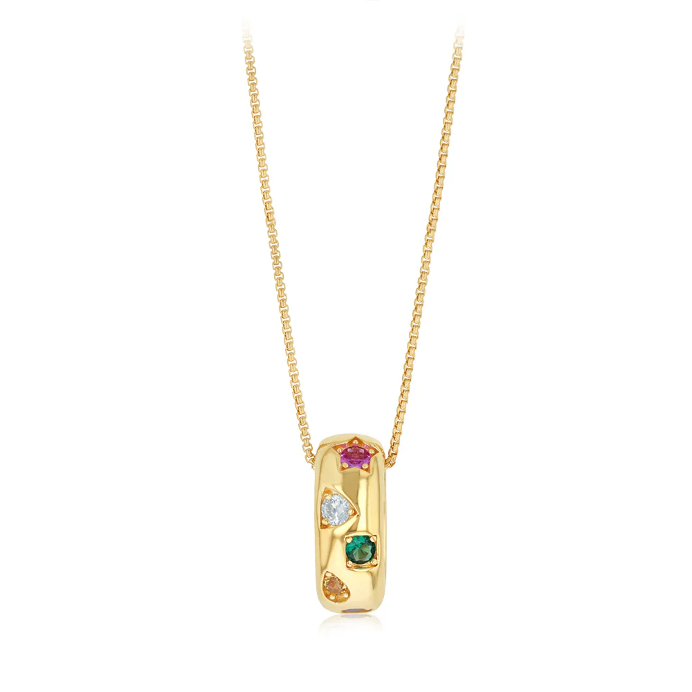 Sterling Silver Gold Plated Multicolour Cubic Zirconia Ring Pendant On Chain