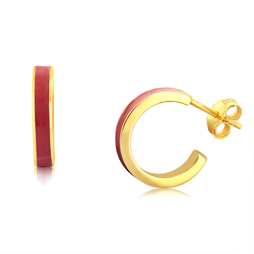 Sterling Silver Gold Plated Pink Enamel 15mm Hinged Hoop Earrings