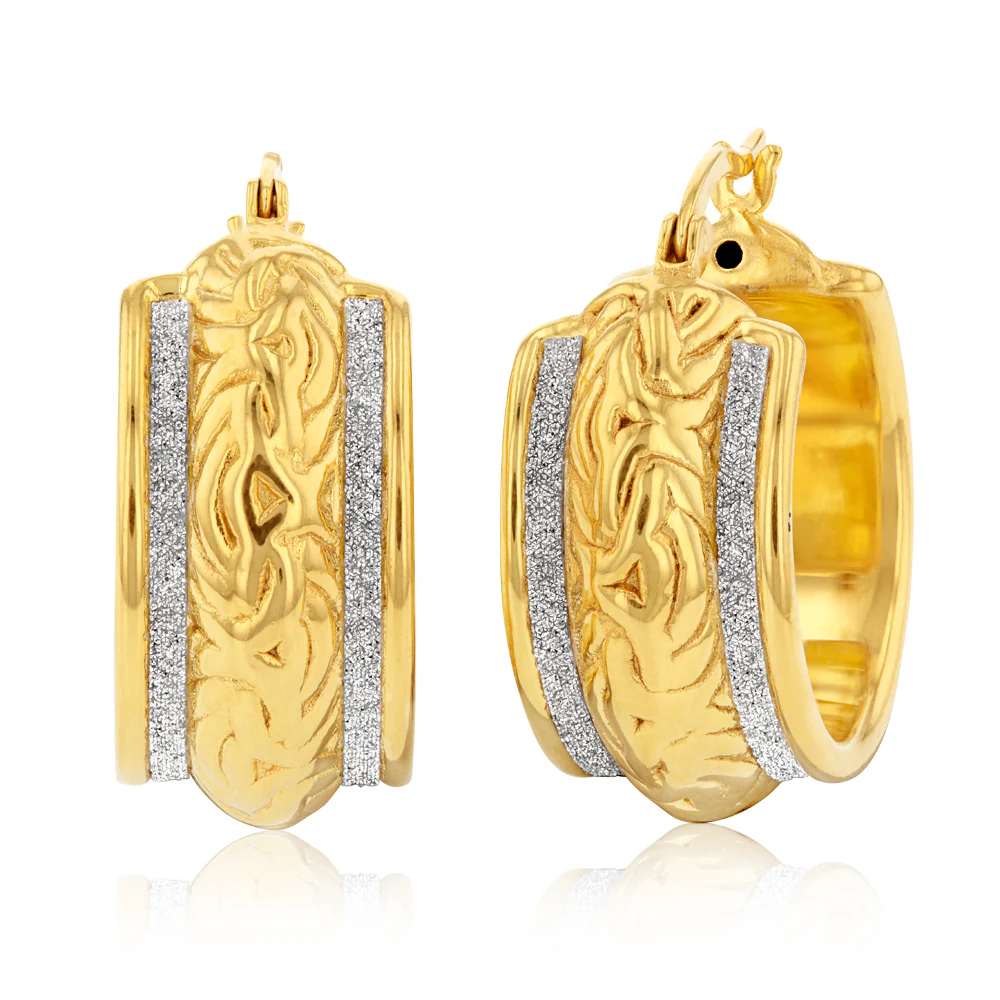 Sterling Silver Gold Plated Stardust Fancy Patterned Hoops - Image 2