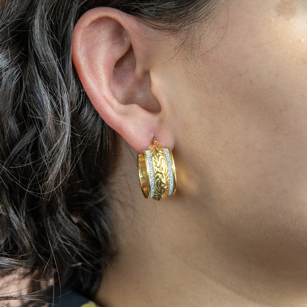 Sterling Silver Gold Plated Stardust Fancy Patterned Hoops - Image 3