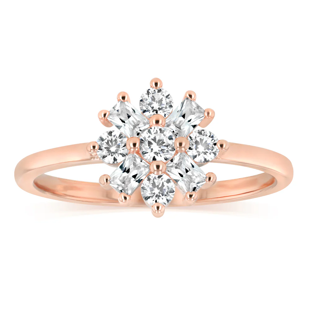 Sterling Silver Gold Plated White Cubic Zirconia Flower Fancy Ring