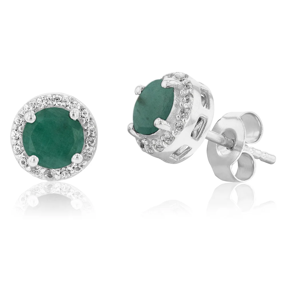 Sterling Silver Natural Enhanced Emerald and White Zircon Stud Earrings - Image 2