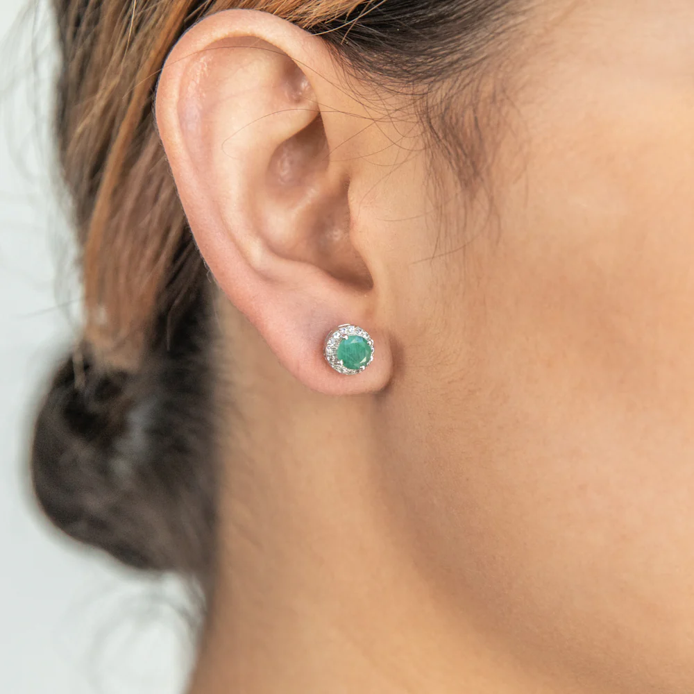 Sterling Silver Natural Enhanced Emerald and White Zircon Stud Earrings - Image 4