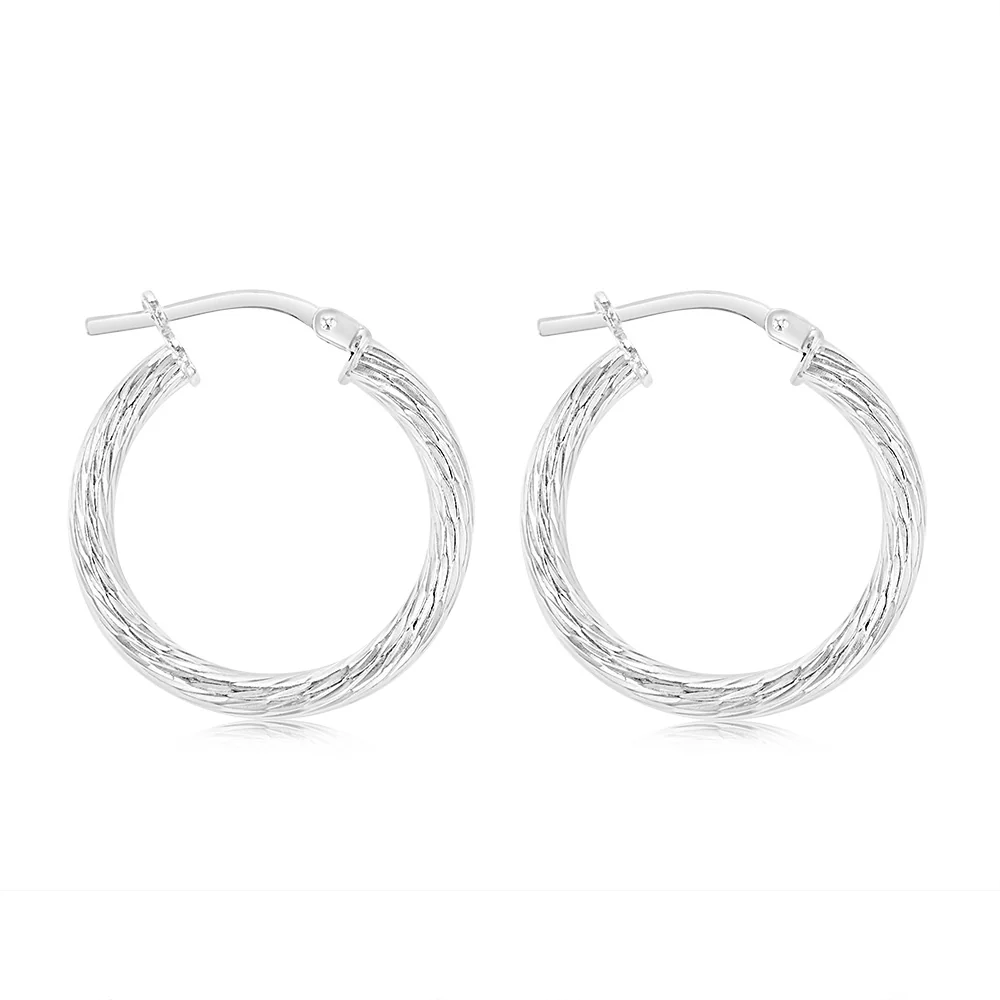 Sterling Silver Patterned 15mm Hoop Earrings - Image 2