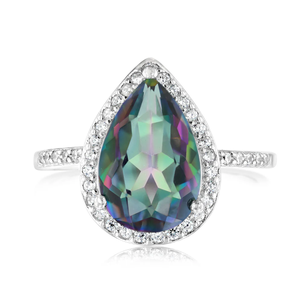 Sterling Silver Pear Mystic Quartz and Zirconia Ring