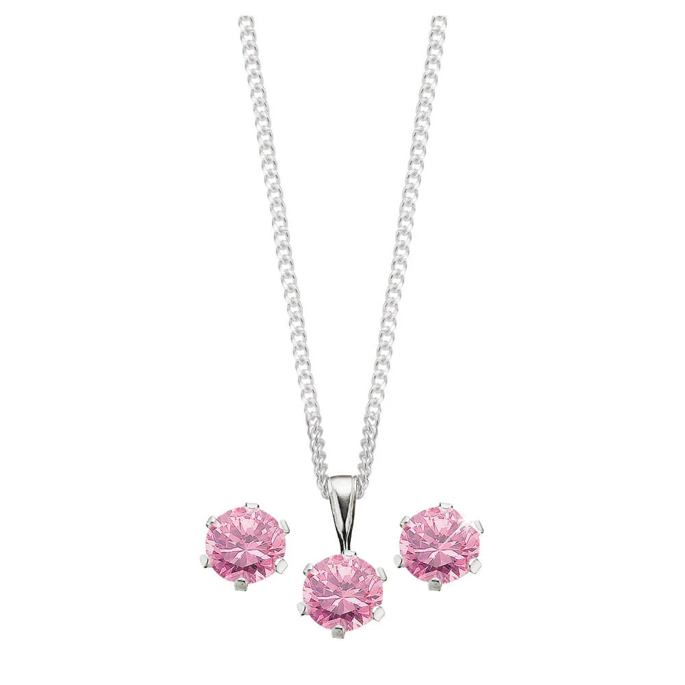 Sterling Silver Pink Cubic Zirconia Stud Earrings and Pendant on Chain Set