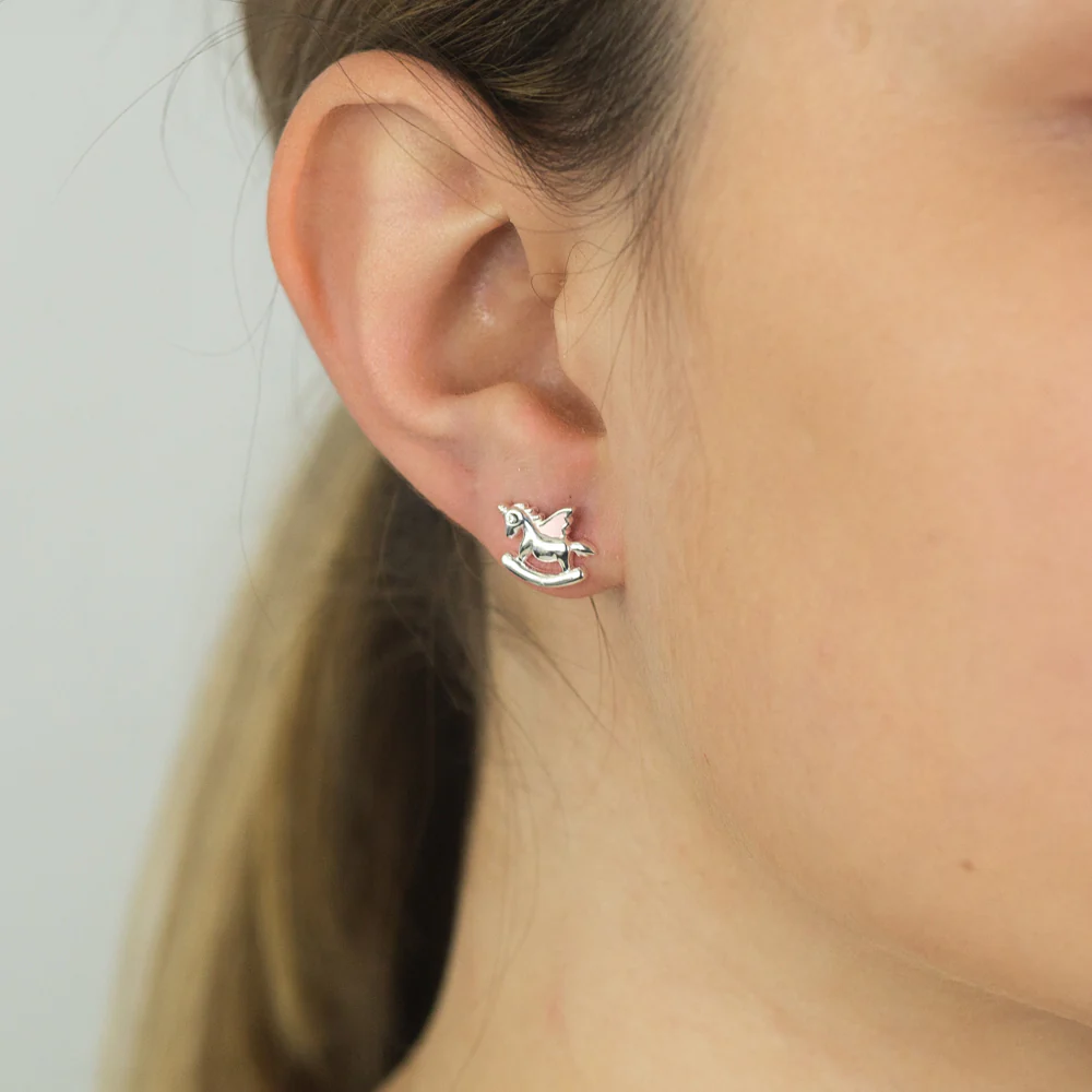 Sterling Silver Pink Enamel Rocking Unicorn Studs - Image 3