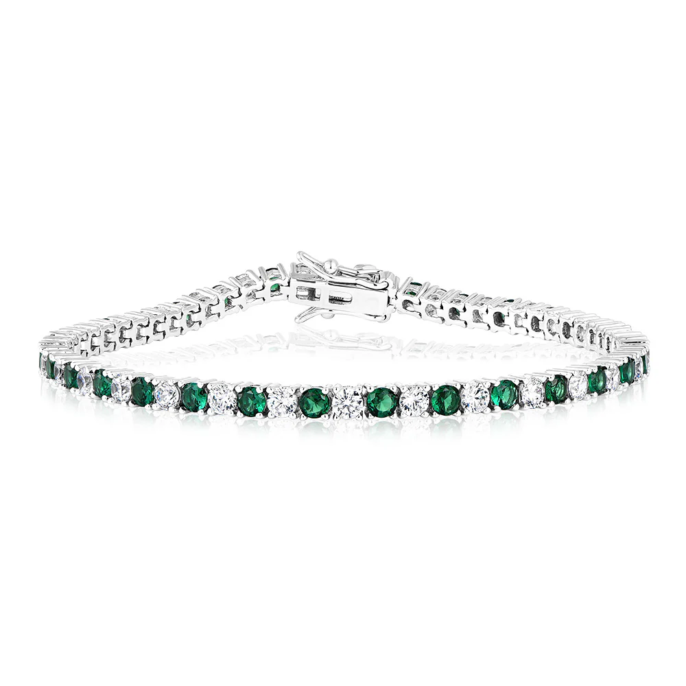 Sterling Silver Rhodium Plated 3mm White And Emerald Green Cubic Zirconia 19cm Bracelet