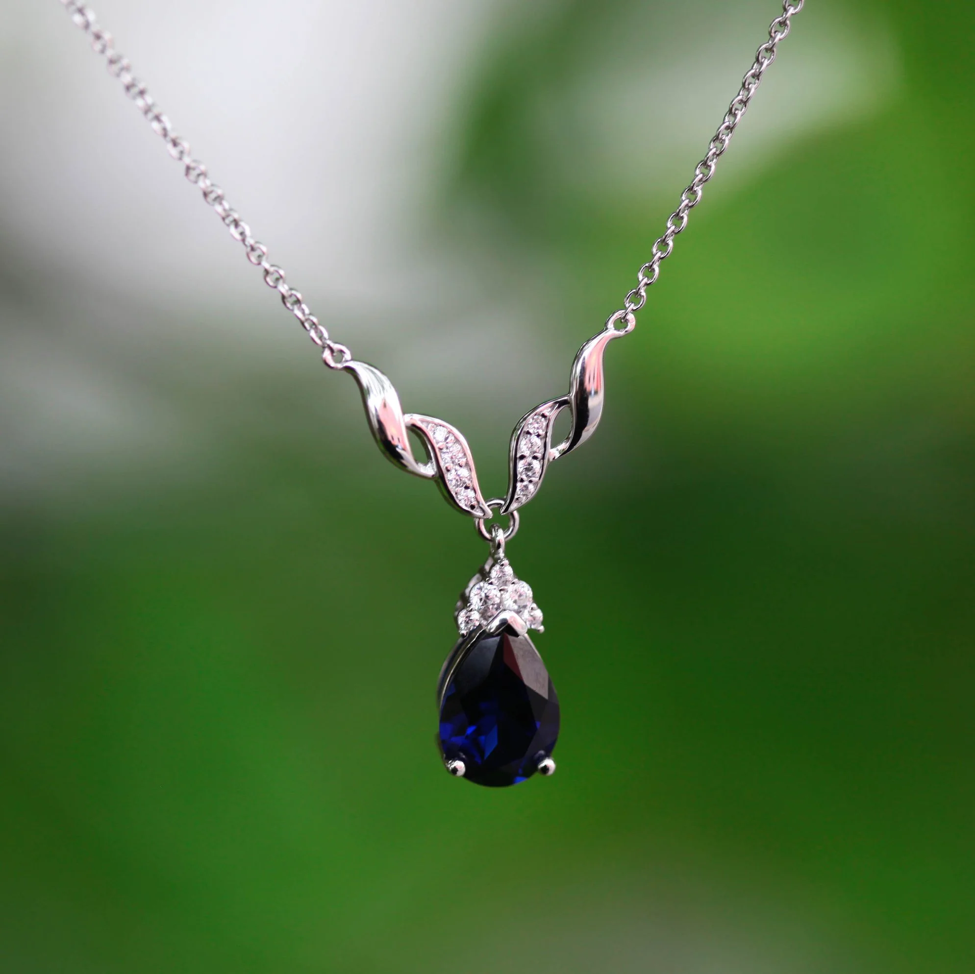 Sterling Silver Rhodium Plated Created Sapphire & Zirconia Necklet 42+3cm - Image 3