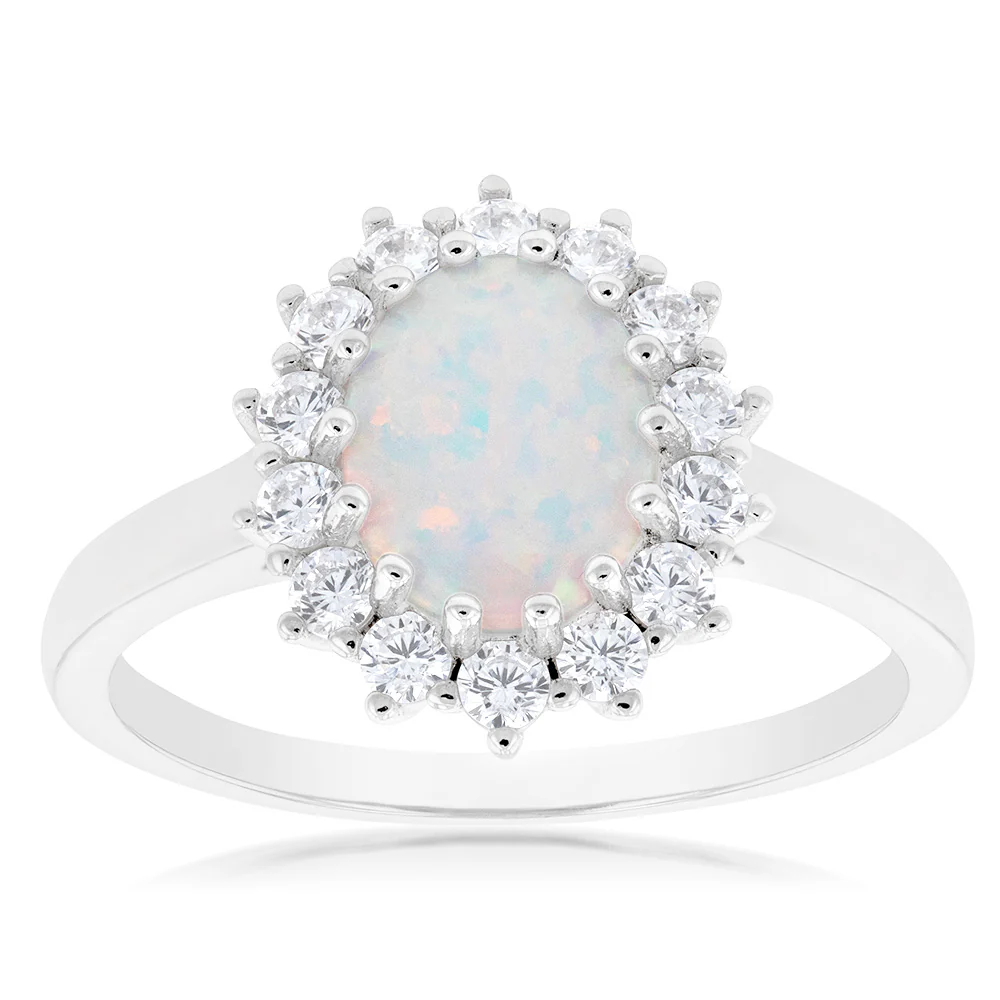 Sterling Silver Rhodium Plated Cubic Zirconia Synthetic Opal Round Ring