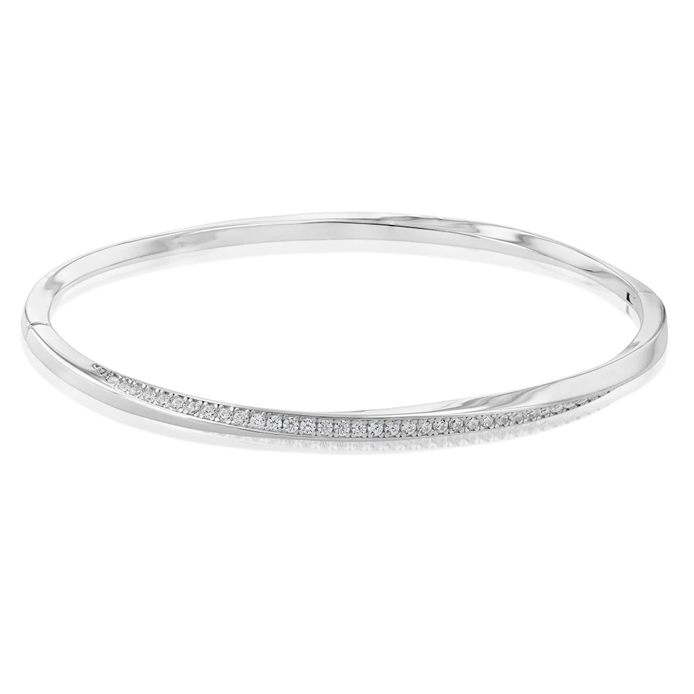 Sterling Silver Rhodium Plated Cubic Zirconia Twisted Hinged Bangle - Image 2