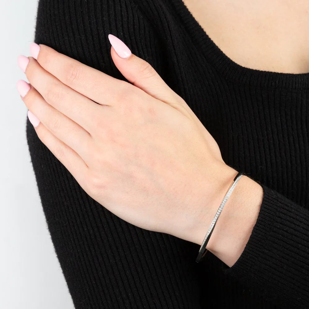 Sterling Silver Rhodium Plated Cubic Zirconia Twisted Hinged Bangle - Image 4