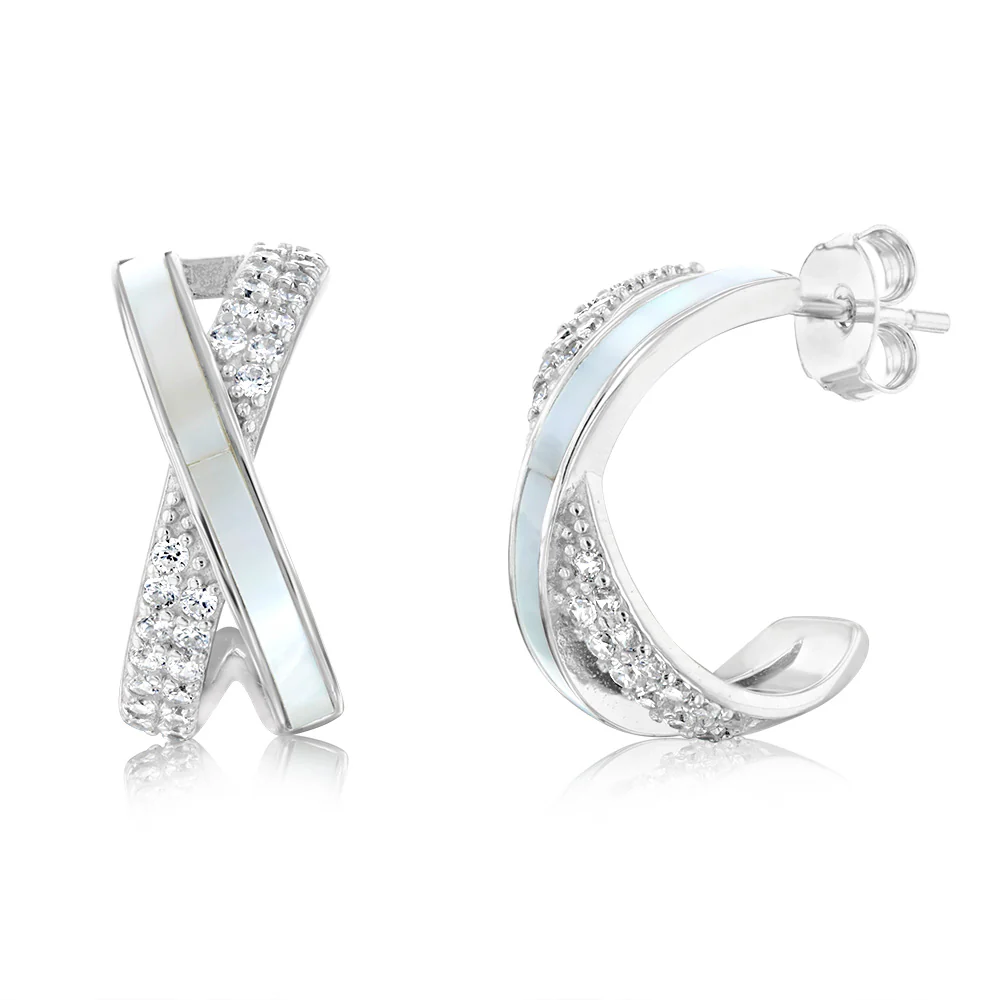 Sterling Silver Rhodium Plated Cubic Zirconia White Shell Pearl Cross Over Half Hoop Earrings