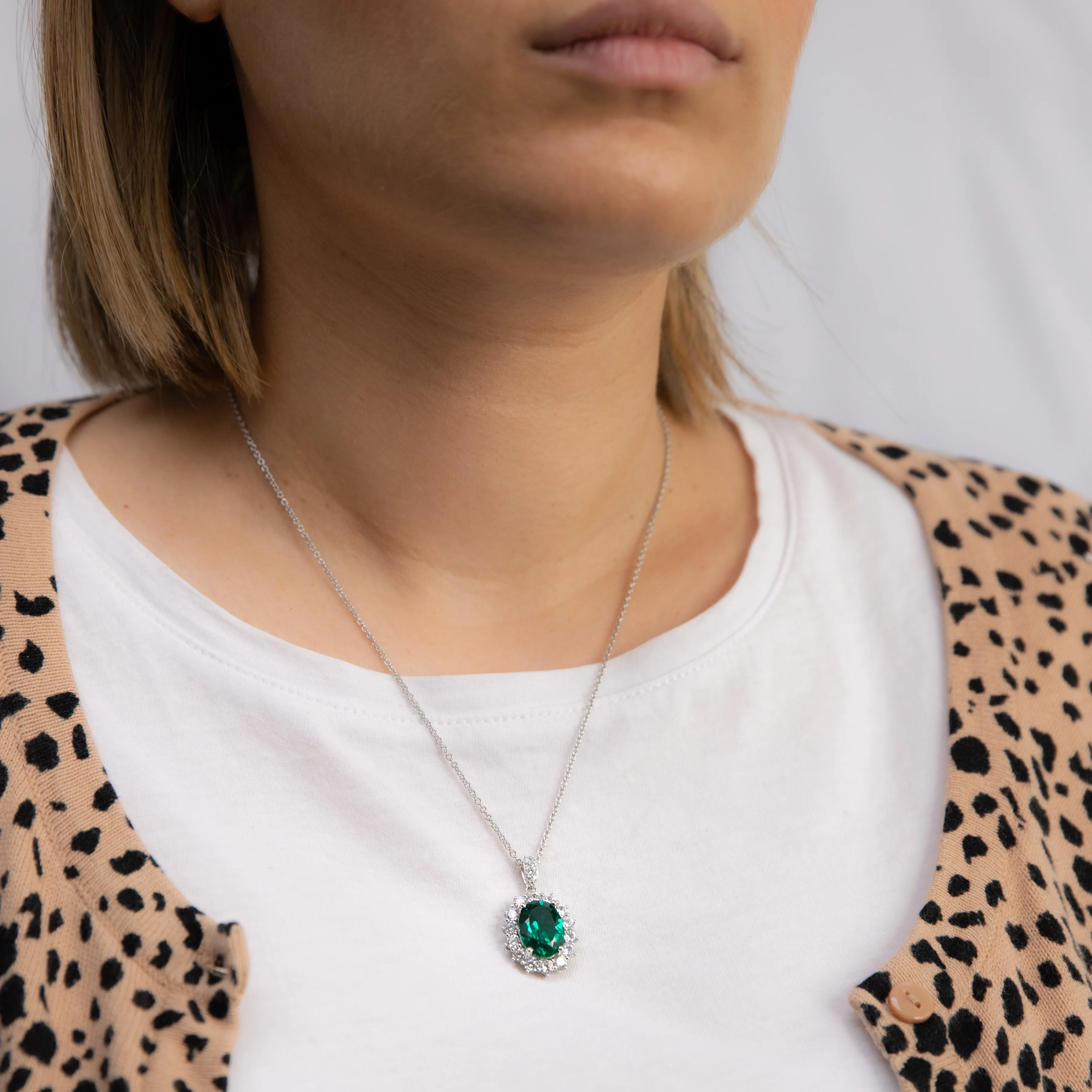 Sterling Silver Rhodium Plated Emerald-Green Cubic Zirconia Oval Pendant On Chain - Image 2