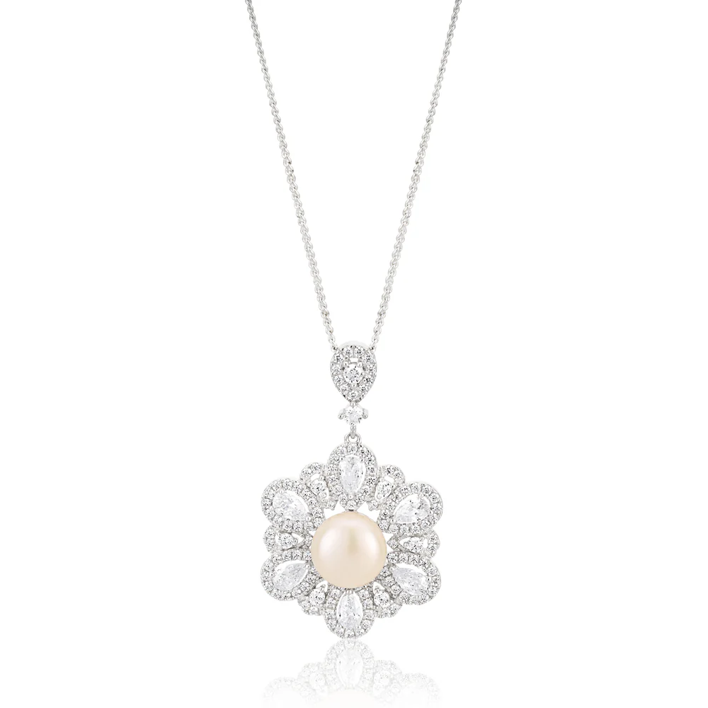 Sterling Silver Rhodium Plated Freshwater Pearl and Zirconia Pendant