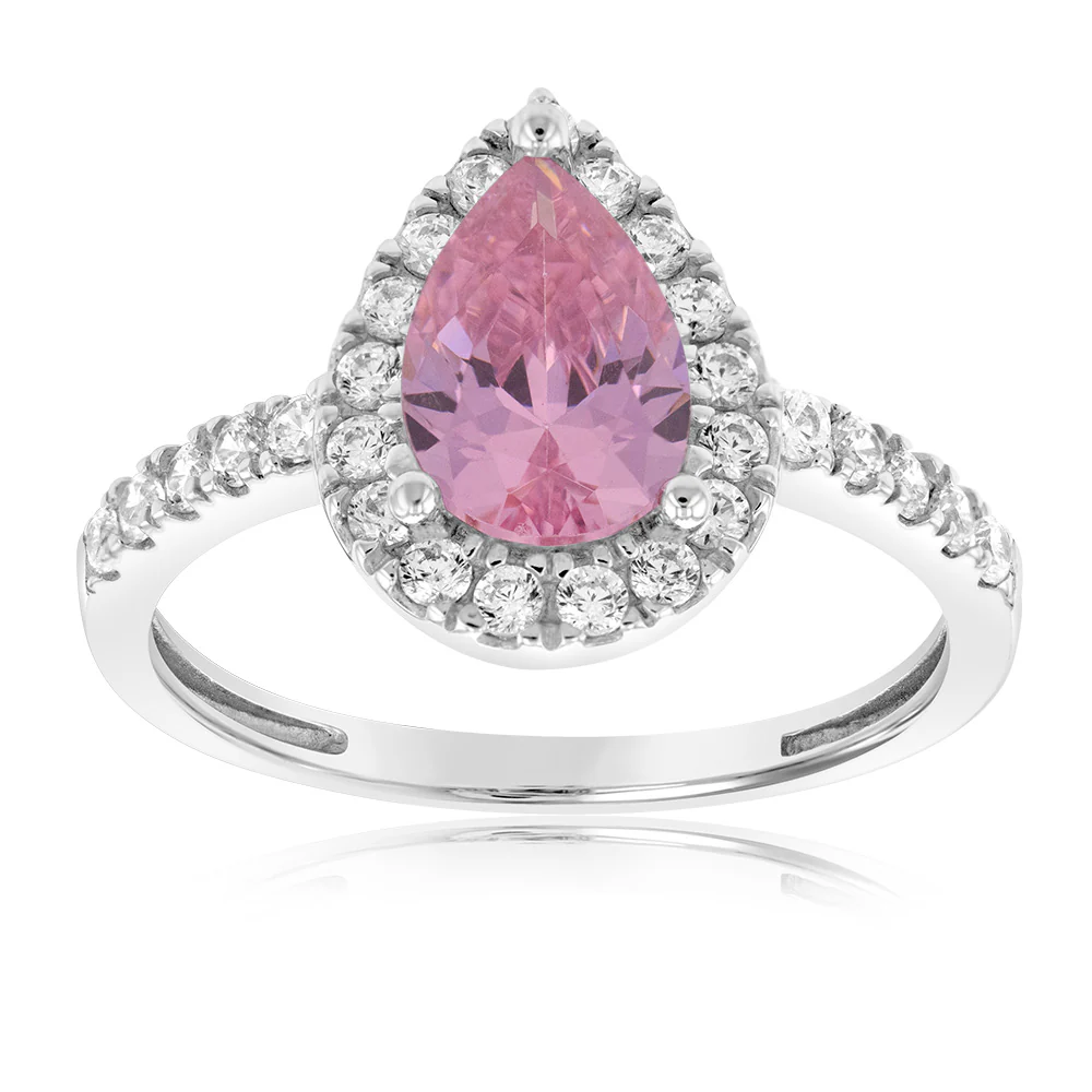 Sterling Silver Rhodium Plated Pink Cubic Zirconia  Pear Ring
