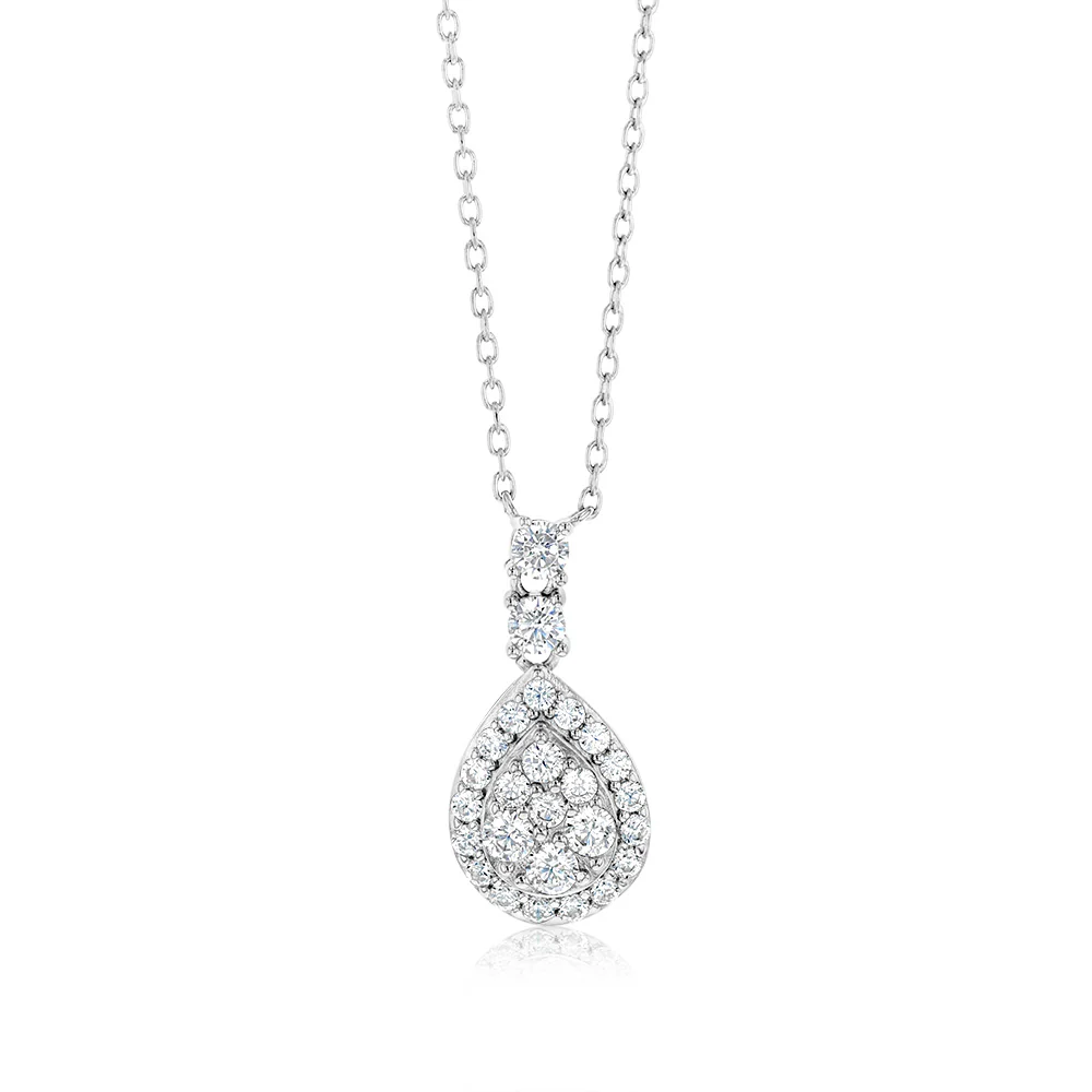 Sterling Silver Rhodium Plated White Cubic Zirconia Pear Shaped Pendant On chain