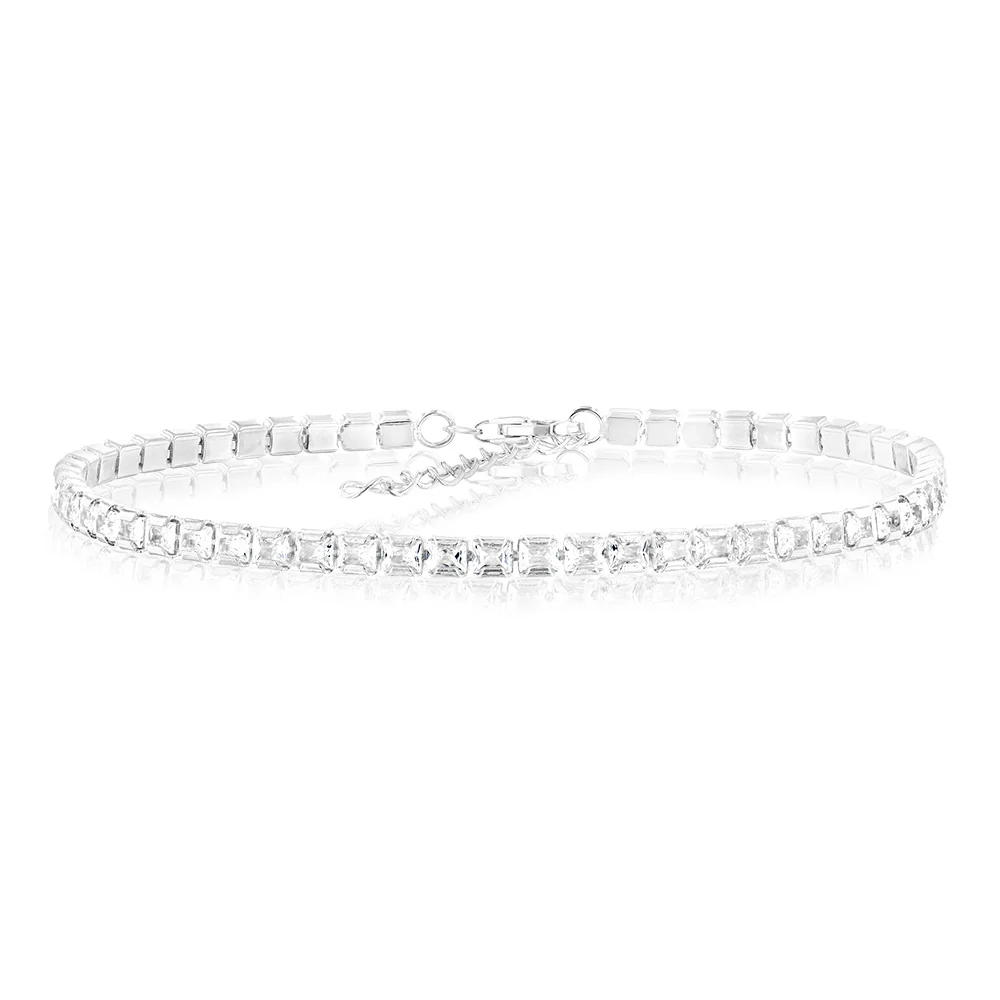 Sterling Silver Rhodium Plated White Princess Cut Zirconia 16.5+3cm Tennis Bracelet