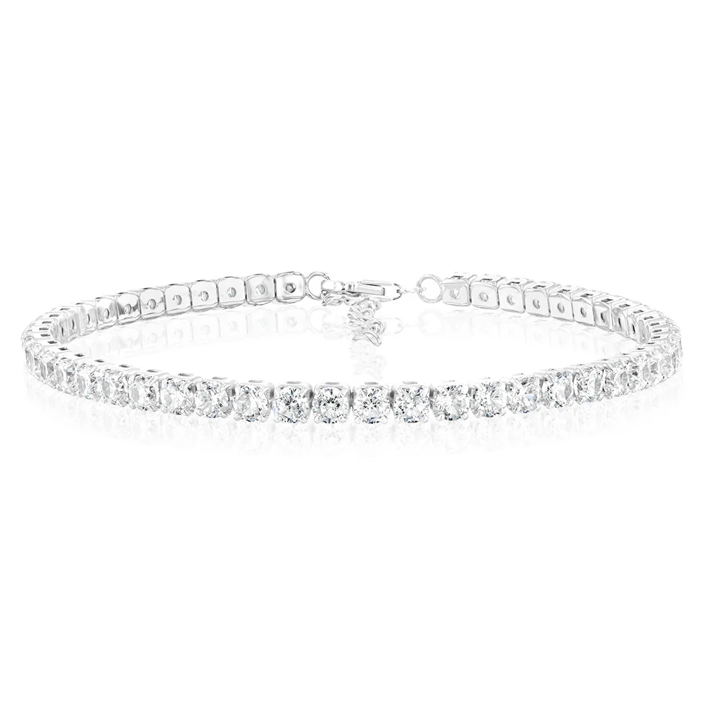 Sterling Silver Rhodium Plated White Round Cubic Zirconia 16.5+3cm Tennis Bracelet