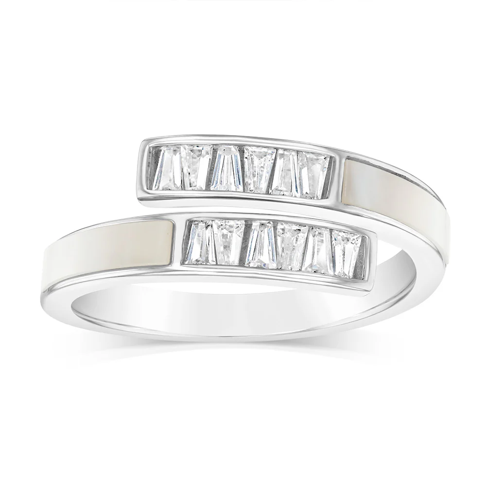 Sterling Silver Rhodium Plated White Shell Pearl And Cubic Zirconia Crossover Ring