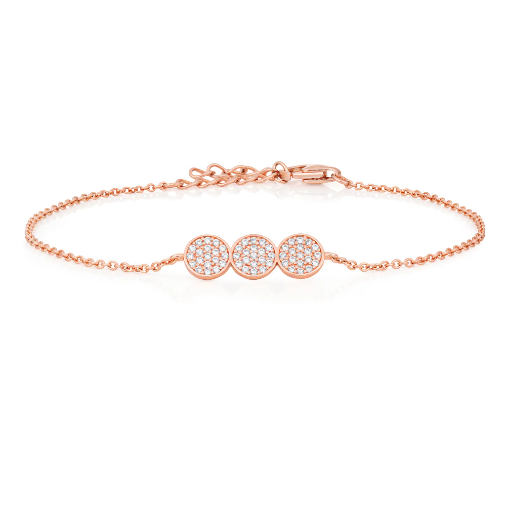 Sterling Silver Rose Gold Plated Cubic Zirconia Pave Trio Disc Bracelet 16+3cm - Image 2