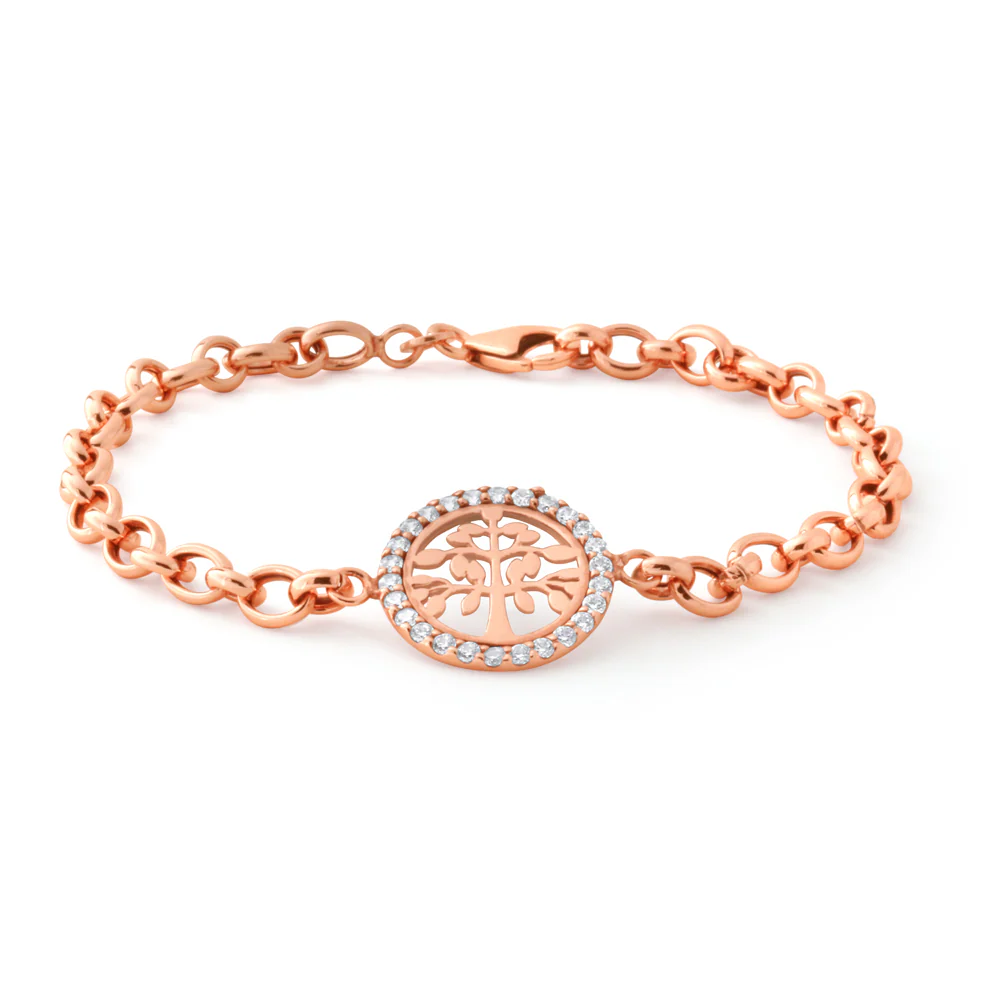 Sterling Silver Rose Plated 19cm Fancy Zirconia Disc on Belcher Bracelet