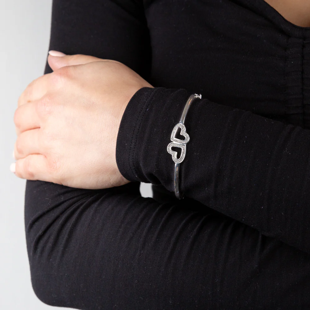 Sterling Silver Stardust Double Heart Hinged Bangle - Image 2