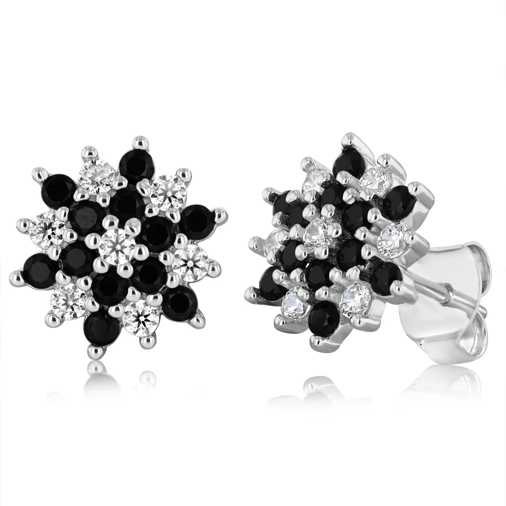 Sterling Silver White And Black Cubic Zirconia Fancy Flower Stud Earrings