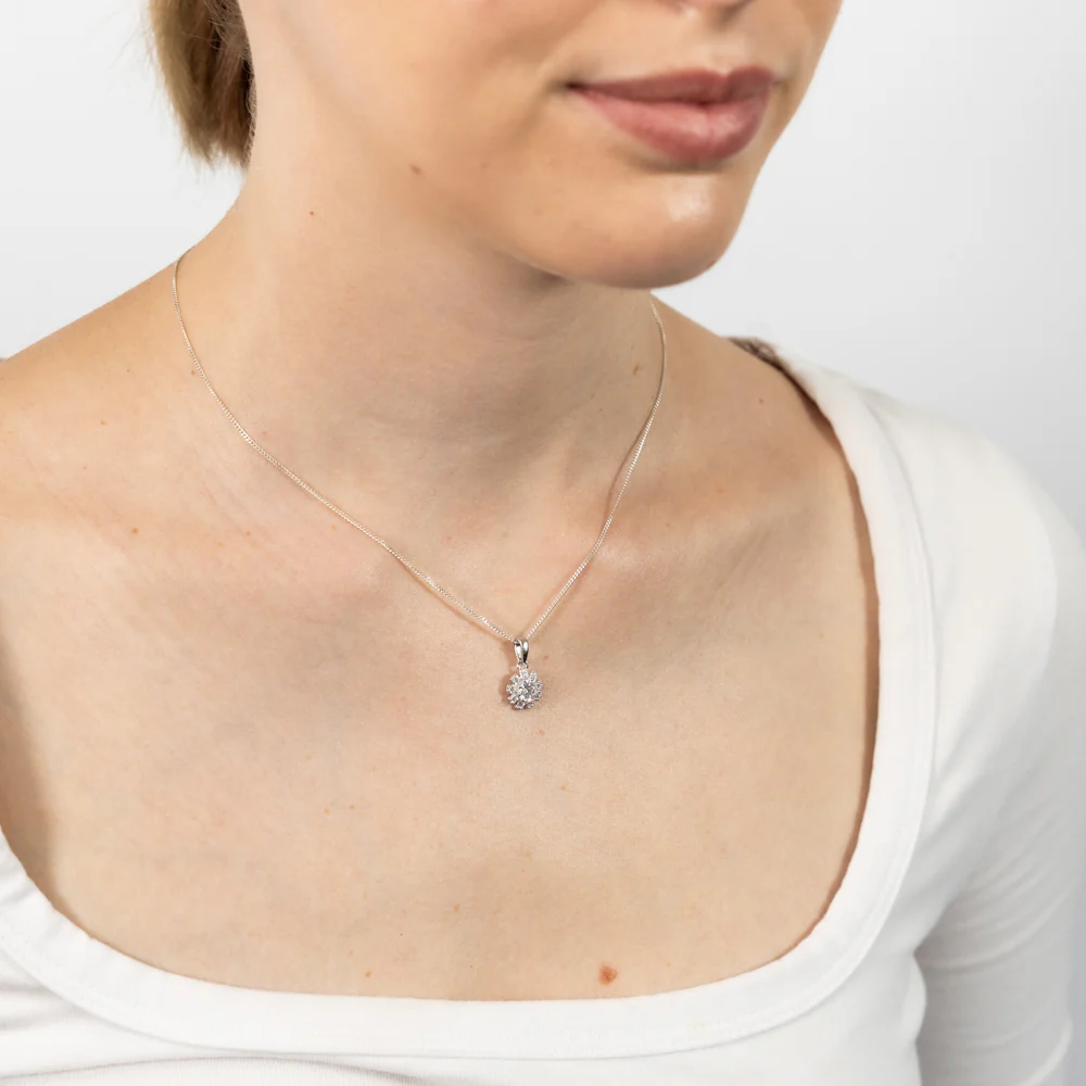 Sterling Silver White Cubic Zirconia Flower Pendant And Stud Earrings Set - Image 2