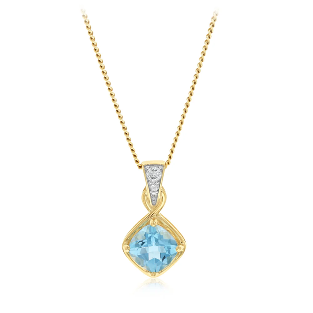 Swiss London Blue Topaz and Diamond Pendant in 9ct Yellow Gold
